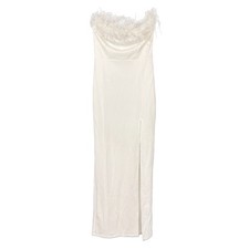 LULUS Absolutely Fabulous Feather Trim Column Maxi Drs S White Strapless NWT B77