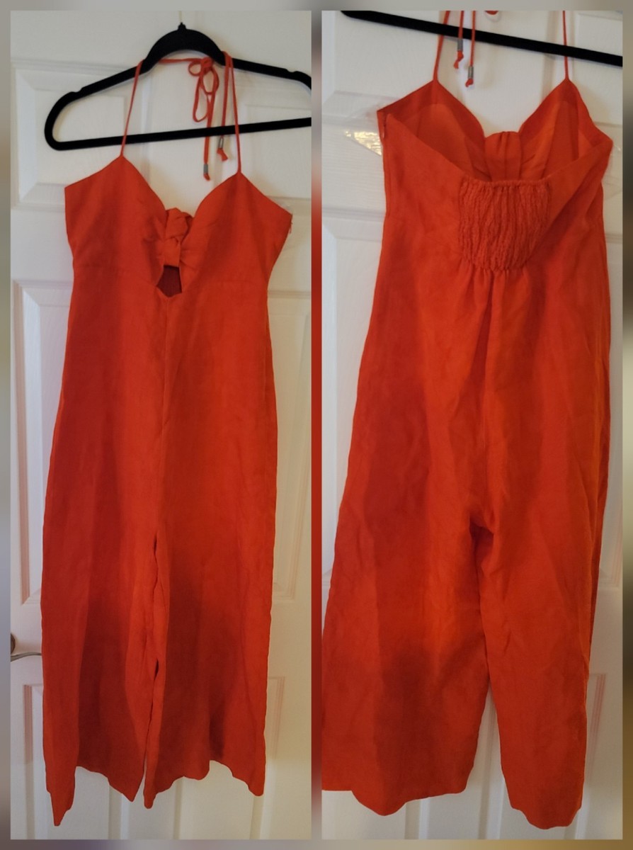Anthropologie Elevenses Jumpsuit Sz 4 Linen Blend Tropicale Crop Wide Leg 