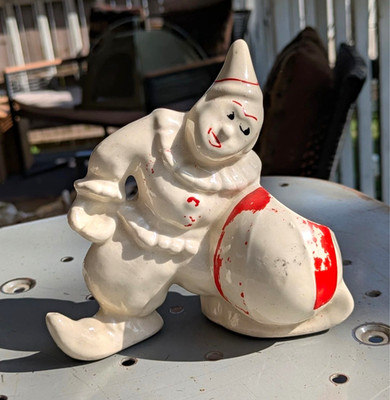 Vintage Ceramic Clown Figural Planter White/Red Small Glazed Painted Striped