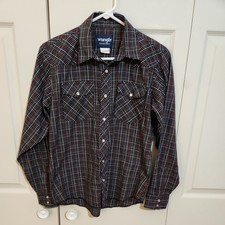 Wrangler Boy's 201WAAL XL 14-16 Pearl Snap Plaid Western Shirt Black Red White