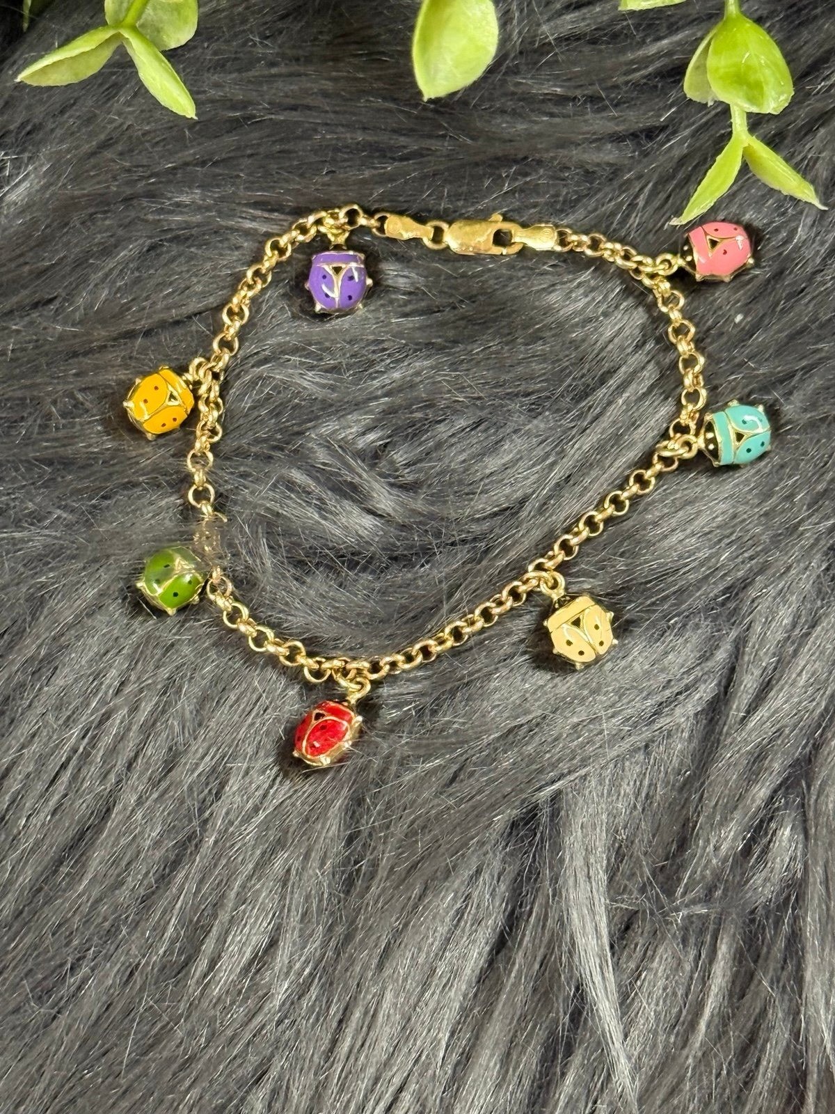 14K Gold 7-Multicolor Ladybug Charm Bracelet - image 4
