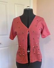 Vtg Y2K 90s Cardigan Floral Roses Embroidered Cotton Cottagecore Women's 6 M