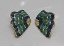 Metal Shell Pierced Earrings Blue Green Scalloped Design 1 3/4" Long