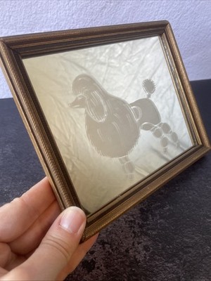 Vintage Frosted Poodle Mirror Wood Frame Small Dog Wall Art