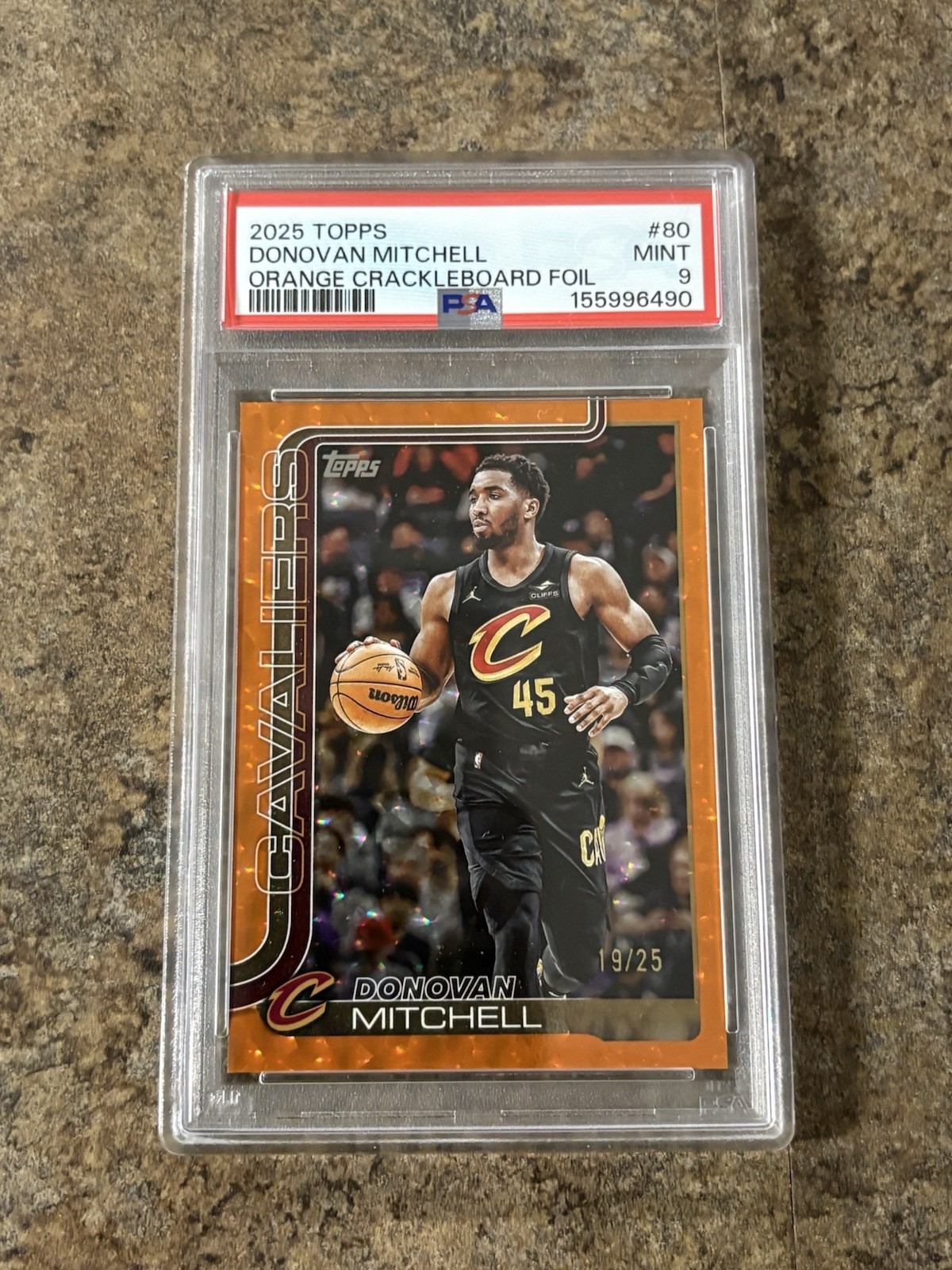 2025-26 Topps Donovan Mitchell Orange Crackleboard Foil /25 Cavs #80 PSA 9