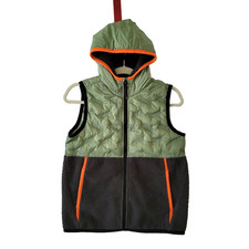 Old Navy Hooded Puffer Vest Boys Kids L 10 12 Green Gray Sherpa Fleece Quilted