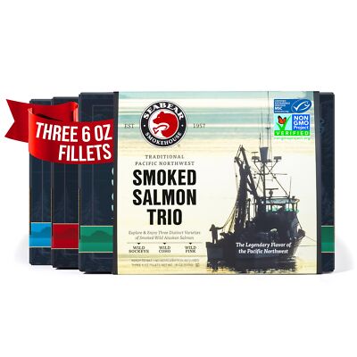 SeaBear - Premium Wild Alaskan Smoked Sockeye Coho and Pink Salmon Trio - 18o...
