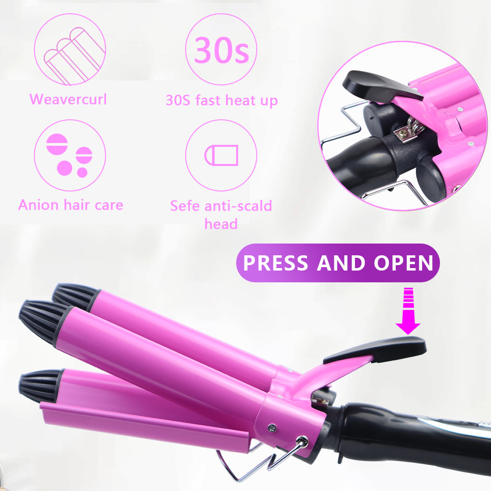 Hair Salon Ceramic 3 Triple Barrel Hair Wave Waver Curling Iron Curler Wand Pink