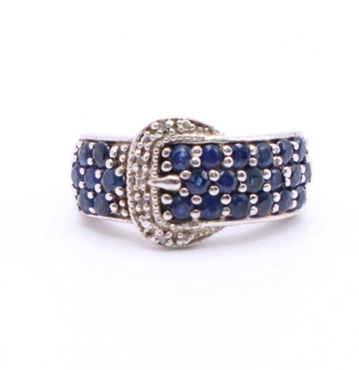 STS Sterling Silver 925 Blue Sapphire & Diamond Pave Buckle Band Ring, Size 6