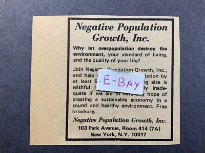 1976 Print Ad. Negative Population Growth Inc. New York, NY.