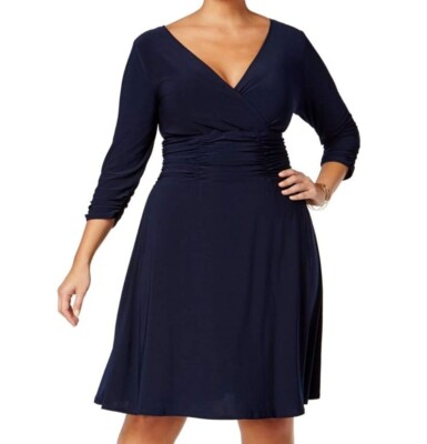 NY Collection Womens Plus 1X Navy Blue 3/4 Sleeve V Neck Dress NWT AY65