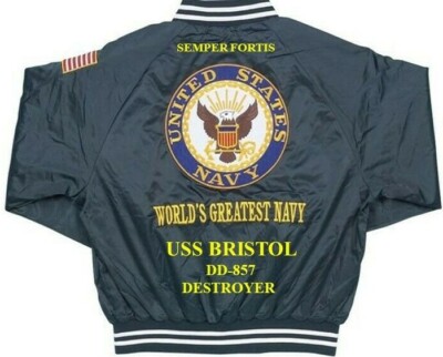 USS BRISTOL  DD-857 DESTROYER NAVY EMBROIDERED SATIN JACKET(BACK ONLY)