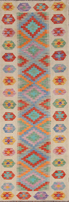 Colorful Dual-Sided Kilim Kelim Rug Runner Flatweave Wool Hallway Carpet 3x10
