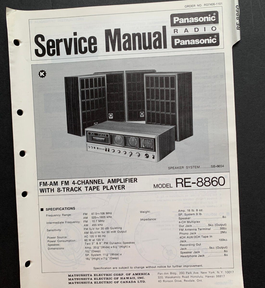 Panasonic RE-8860 FM-AM 4-Channel Amp w/ 8-Track Player ORIGINAL