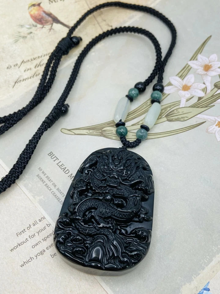 Нефрит обсидиан дракон подвеска ожерелье бисер шнур ручной работы резной драгоценный камень - Изображение 4 из 4