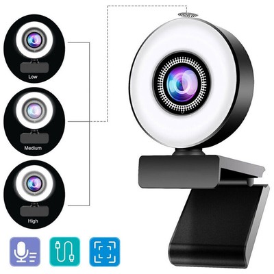 HD Autofokus Kamera 2K/1080P USB Webcam mit Ringlicht Mikrofon für PC Laptop .