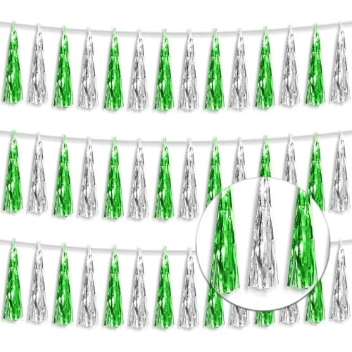 3P Metallic Fringe Tassel Banner Garland Foil Tinsel Streamer Wall Green Silver - Image 2 of 4