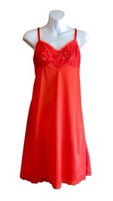 Vtg Vanity Fair SHEER Nylon Nightgown 2 pcs RED Lace Negligee Lingerie Slip 36