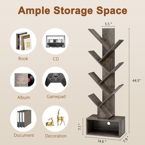 6 Tier Tree Bookshelf, Tall Bookcase with Drawer, Freestanding Book Shelf, Di... - Picture 6 of 9