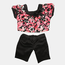 Build a Bear Rare Pink Black Heart Satin Top Shirt Pants Teddy Clothes Set READ