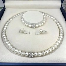 4pc Round White Faux Pearl Beaded Necklace Earrings Bracelet Set Womens Jewelry