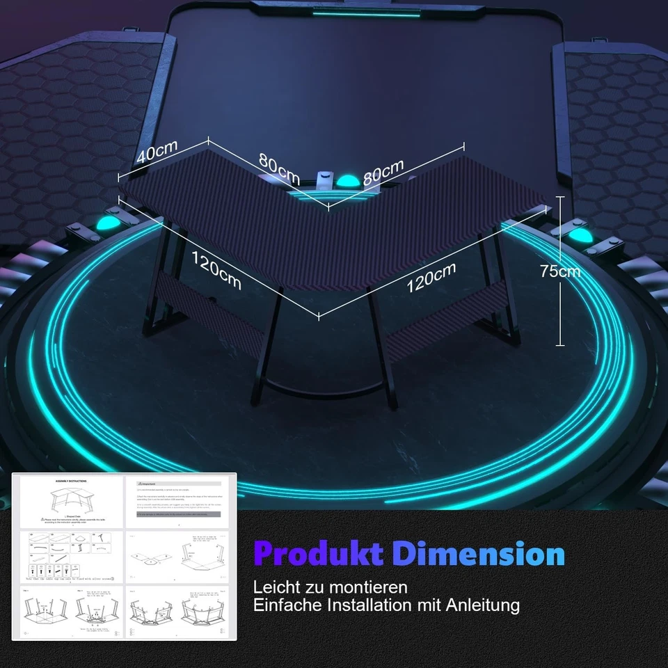 Devoko L-Shape Gaming Table 120x120cm Large PC Desk Black - Image 3 of 4