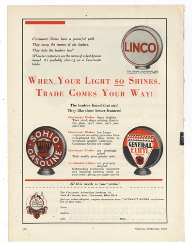 1931 Cincinnati Advertising Products Co. Ad: Glass Gas Globes - Sohio, Linco, ++