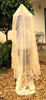 AN ANTIQUE BRUSSELS MUSLIN LACE APPLIQUÉ VEIL