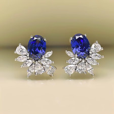 3Ct Oval Cut Lab Created Sapphire & Diamond Stud Earrings 14K White Gold Plated