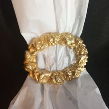 Vintage Victorian Revival Brass Repousse Floral Double Hinged Scarf Clip Satin