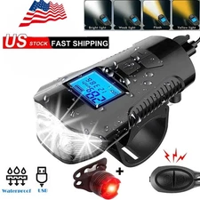 USB Rechargeable LED Cycle Bike Headlight + Rear Light Horn Speedometer Odometer