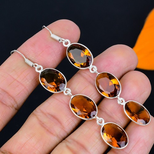 Orecchini vintage in citrino, pendenti in argento sterling 925 dorato, stile lampadario - Italia
