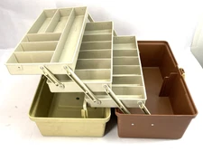 Vintage 1980s Plano Beige & Brown Fishing Tackle Box USA 3 Tray Classic