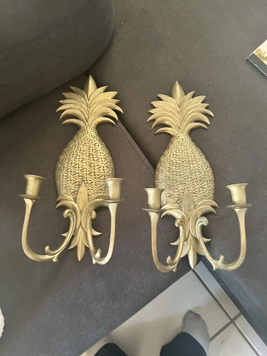 Pair Large Hollywood Regency Brass Pineapple Sconces Candle Double Arm Holders