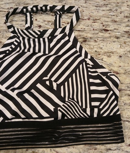 Victoria Sport Bra Small Black White Stripe Sporty Mock Neck Mesh Lined Wireless - Picture 3 of 13