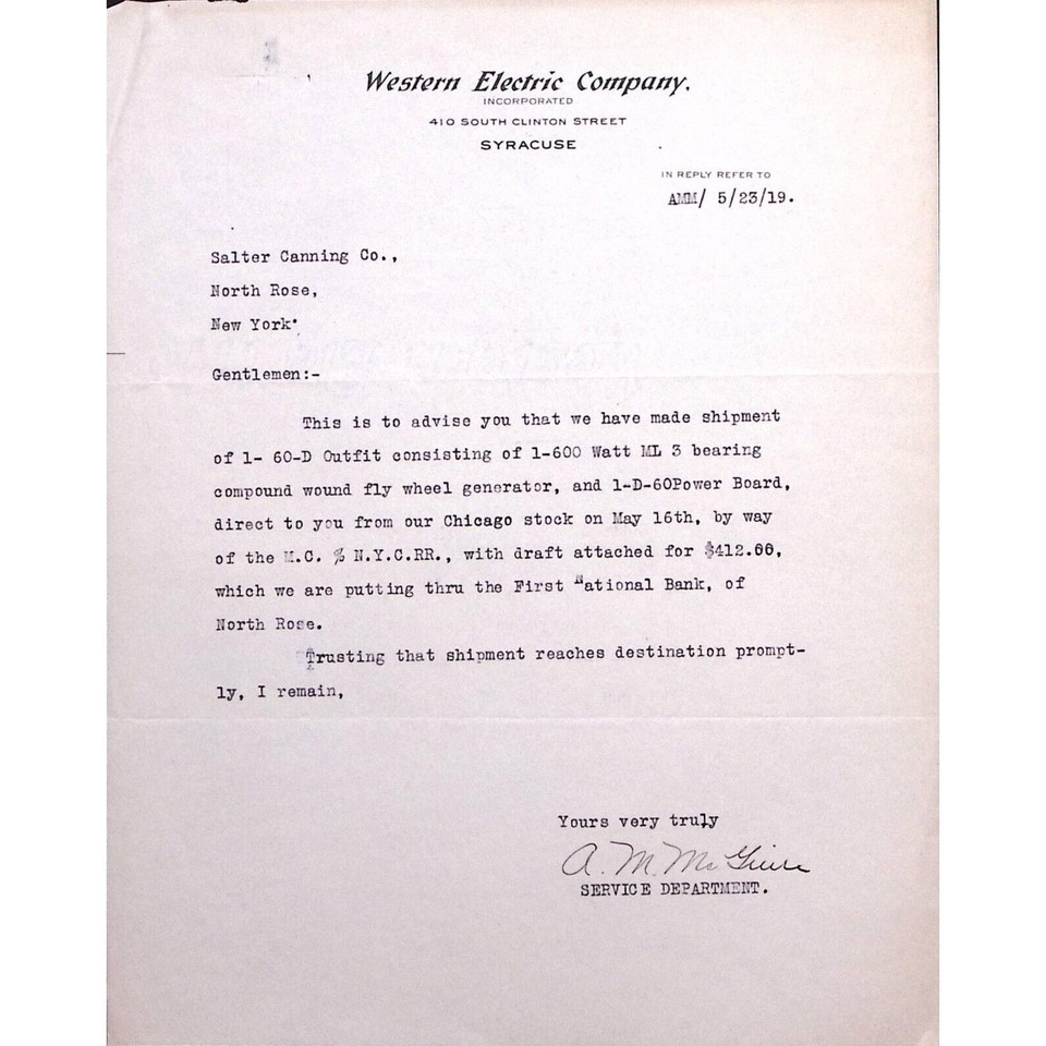 1919 SYRACUSE NEW YORK WESTERN ELECTRIC COMPANY LETTERHEAD LETTER Z159