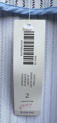 NWT Chico's Sz 2 12 14 Large White Blue Soft Twill Drape Jacket Women’s Blazer - Picture 6 of 9
