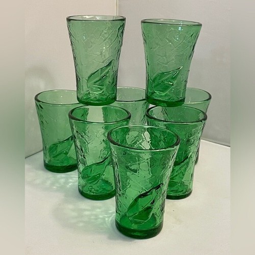 8 Rare Midcentury Crackle Glasses Applied Art Glass Leaf by Bonita Art Glass