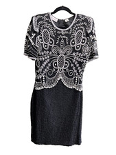 VTG Lawrence Kazar Size M Black Silk Pearls Beaded Cocktail Dress Short Sleeve