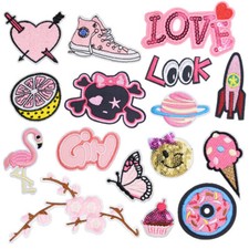 Girls Pink Iron On Patches Embroidered Pretty Appliques for Clothes Jackets Hat