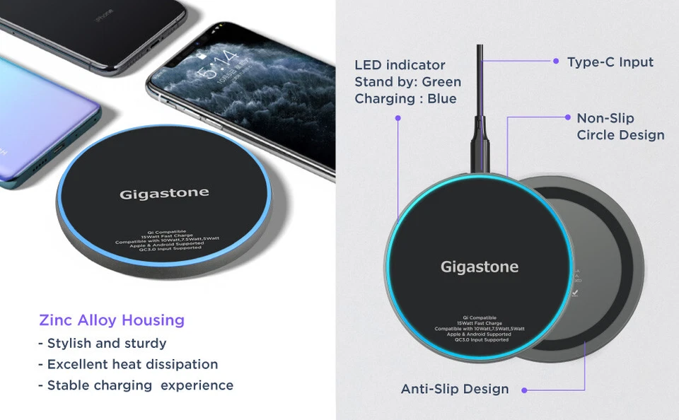 Gigastone 15W Fast Wireless Charger Qi-Compatible Apple iPhone Samsung Pixel LG - Image 3 of 4
