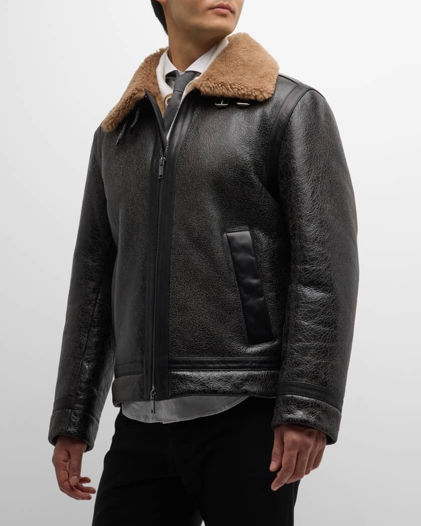 HUGO BOSS Mens Black Textured Leather Shearling Collar Aviator Jacket NWT  42R