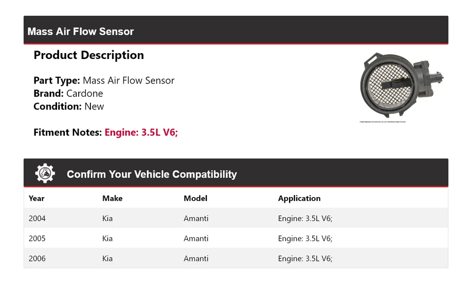 For 2004-2006 Kia Amanti 3.5L V6 Mass Air Flow Sensor Cardone 2005 — 第 2/4 张图片