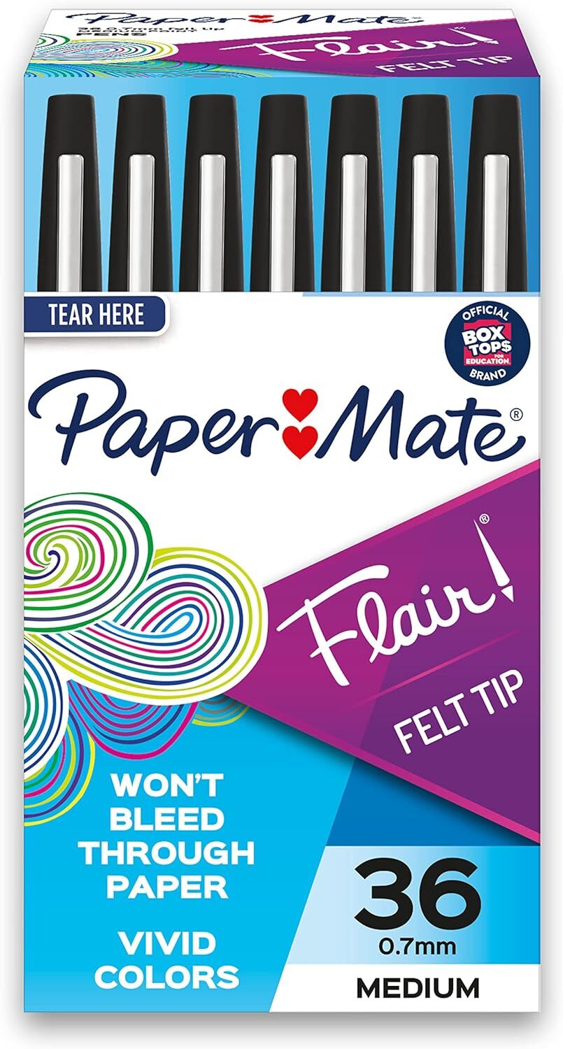 Paper Mate Flair Medium Point Felt Tip Pens, Black, 36-Count Pack