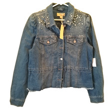 NWT Badgley Mischka size L Denim Jean Jeweled Jacket Tunnel Waist, pockets JU102
