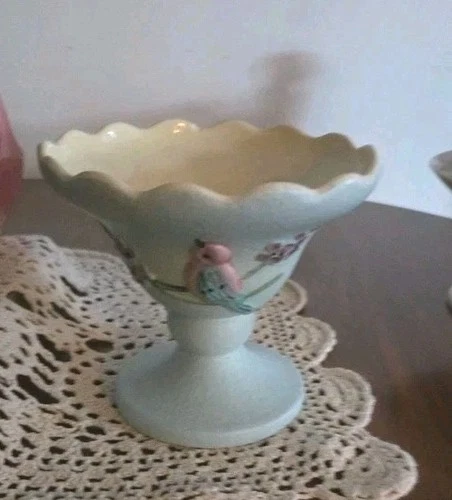 A Stunning Vintage Mid Century Hull Lt Blue Ceramic Compote Planter Pink Bird.