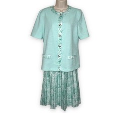 Vintage Pablo Collection Two Piece Skirt Jacket Top Mint Green Floral Women 12