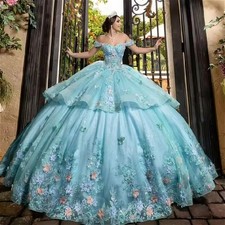 Blue Quinceanera Dresses Off Shoulder 3D Lace Appliques Sweet 16 Prom Ball Gown