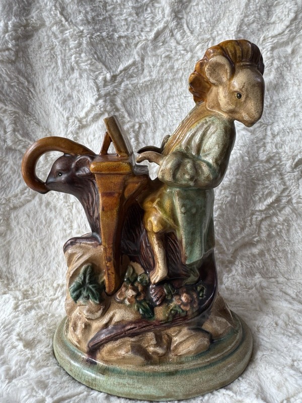 Estate Vintage Majolica Mouse Playing Piano Riding A Rat Unique & Weird