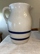 VTG RRP Co Roseville Pottery Stoneware Pitcher Blue Stripes 8.5”  Crazing